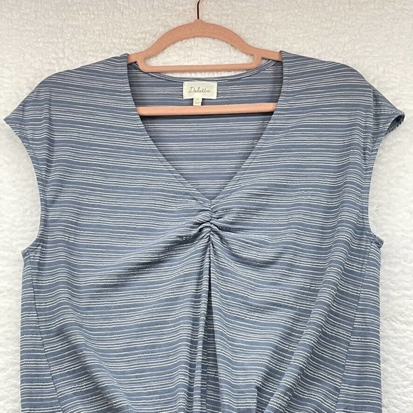 Deletta Womens Shirt Medium Blue White Striped V Neck Anthropologie Knot Stretch - Picture 4 of 10